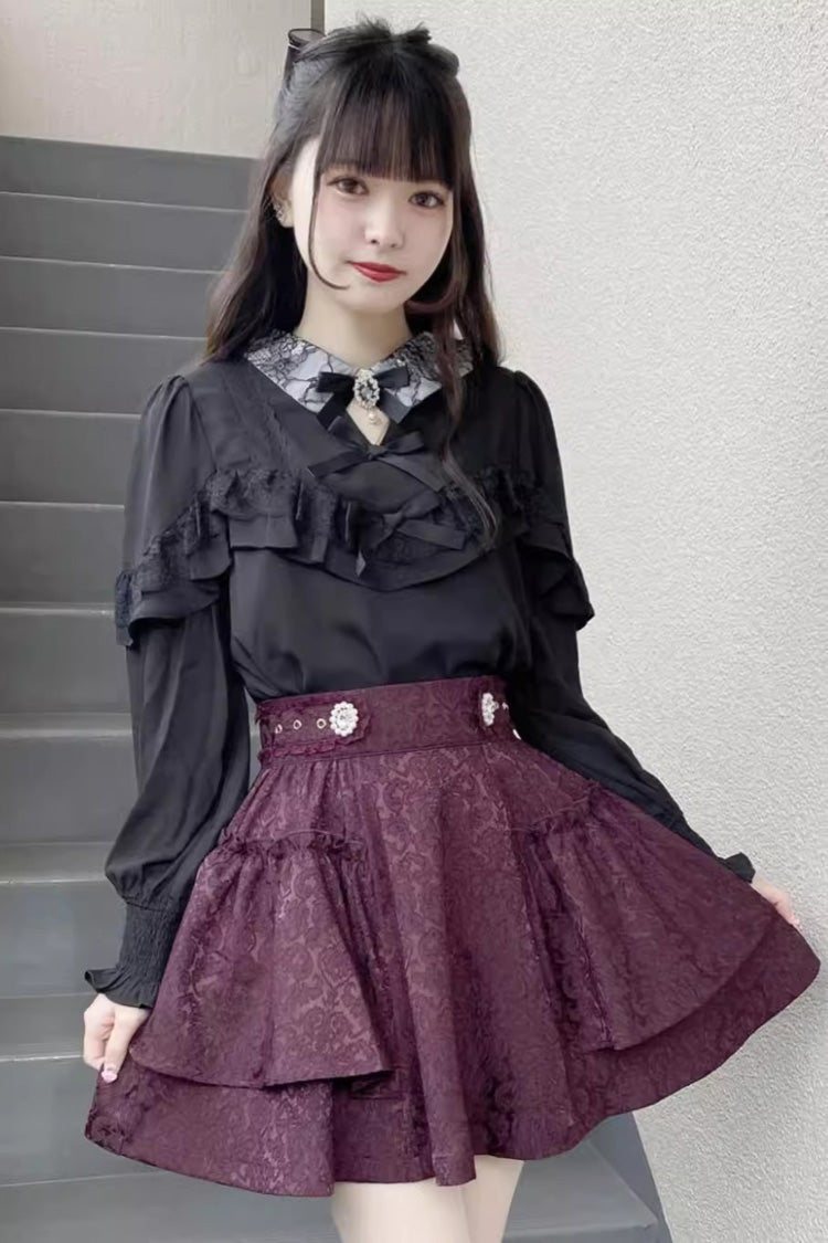 Jacquard Dark Pattern Bowknot Sweet Jirai Kei Japanese Lolita Skirt 3 Colors