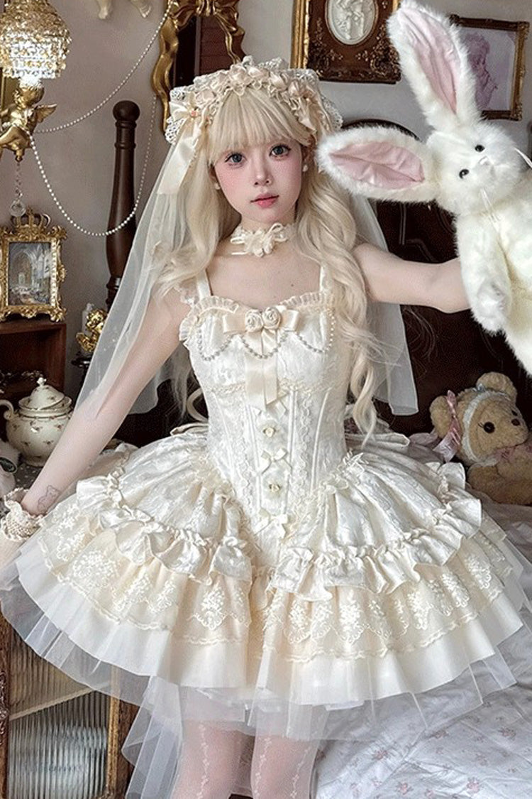 Ivory Fleeting Light and Shallow Dream Sleeveless Multi-Layered Ruffle Bowknot Lace Slim Sweet Ballet Lolita Jsk Dress