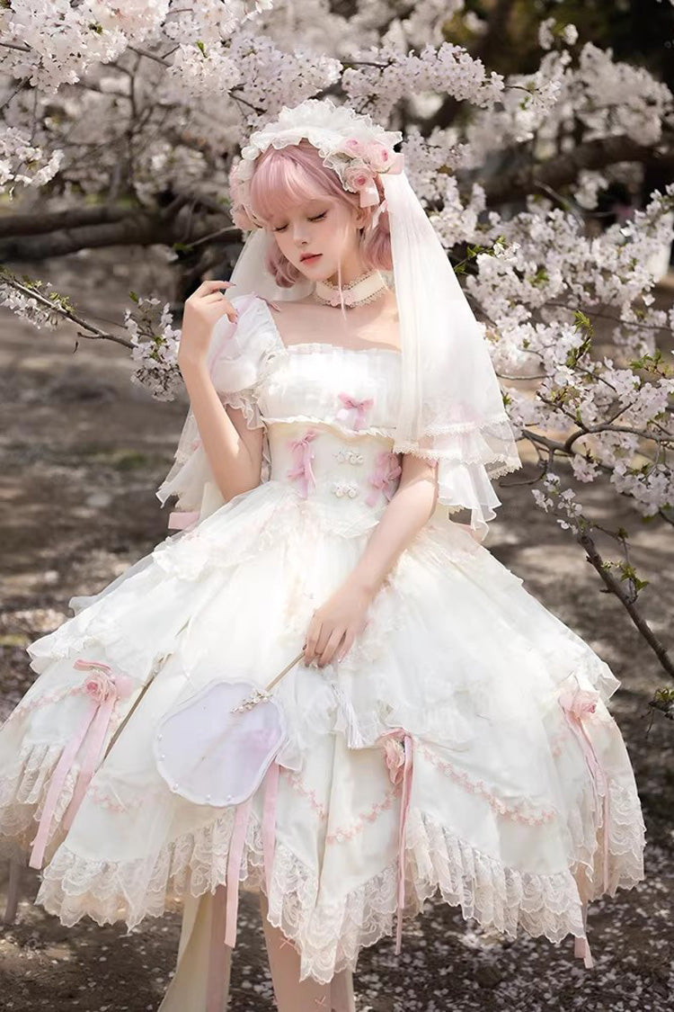 White Mist and Tulle Square Collar Multi-Layered Ruffled Hanayome Bow Lace Sweet Princess Gorgeous Lolita Dress