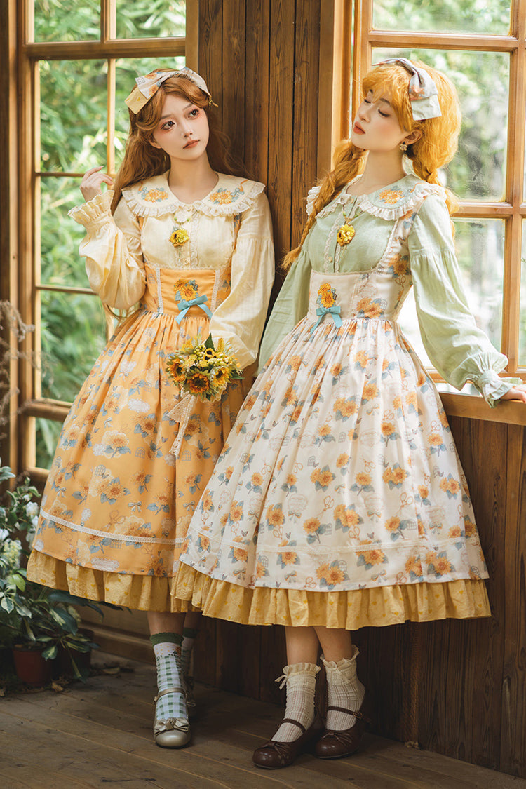 Yellow Gardening Sunflower Sleeveless Print Ruffle Bowknot Sweet Elegant Uplift Lolita Jsk Dress