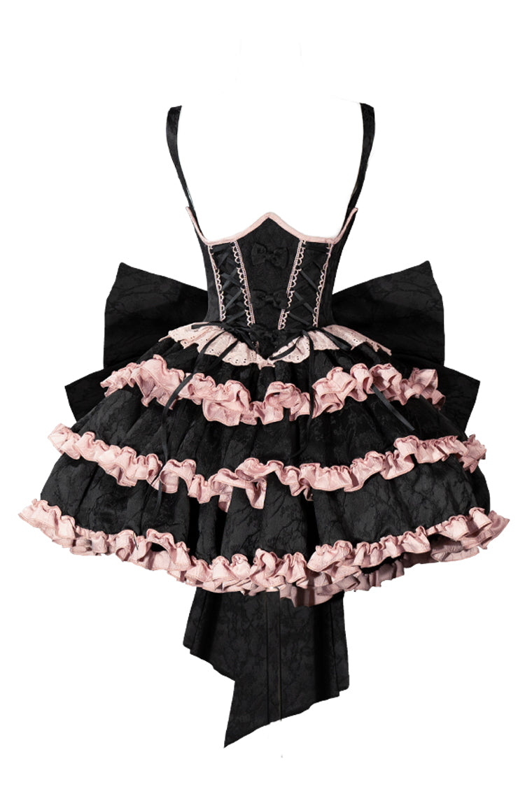 Black/Pink Sleeveless Multi-Layered Ruffle Bowknot Lace-Up Sweet Lolita Strap Dress