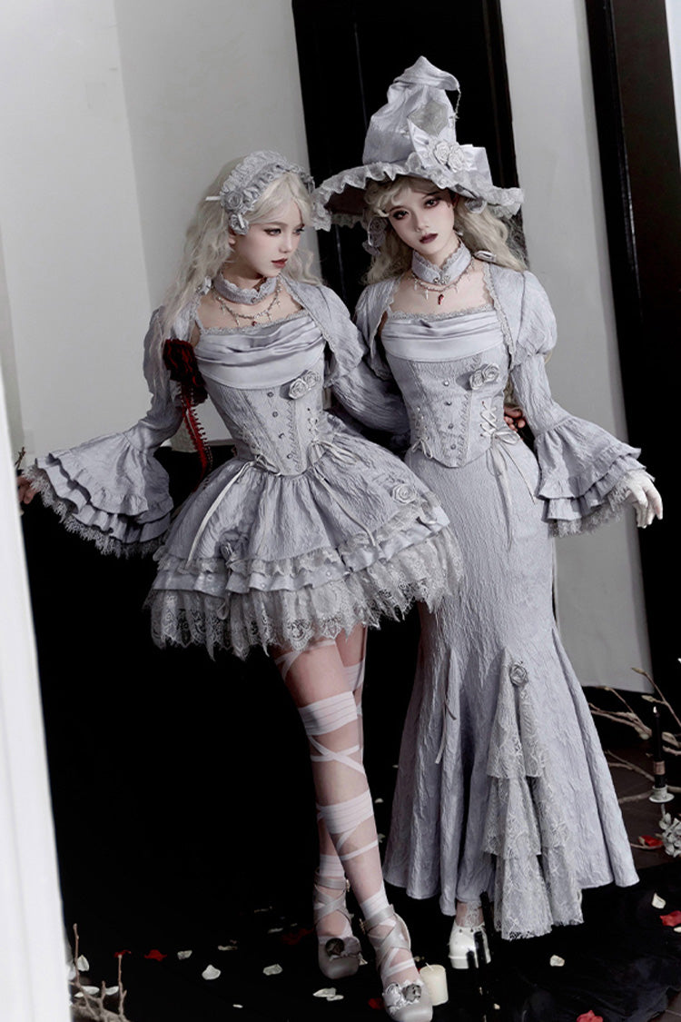 Silver Grey Twilight Ruffle Lace Irregular Gothic Witch Lolita Fishtail Skirt Set