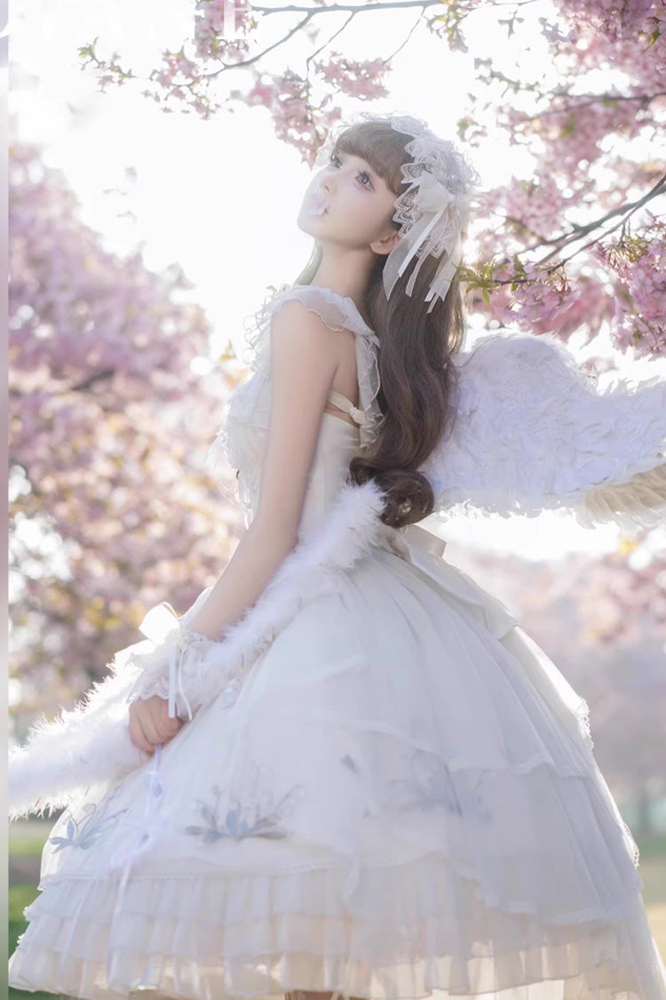 White Love Is Coming Multi-layer Ruffle Embroidery Bowknot Sweet Princess Lolita Jsk Dress