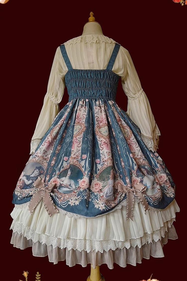 Portrait of A Little Lady Print Ruffle Bowknot Lace Classic Vintage Elegant Lolita Jsk Dress 3 Colors