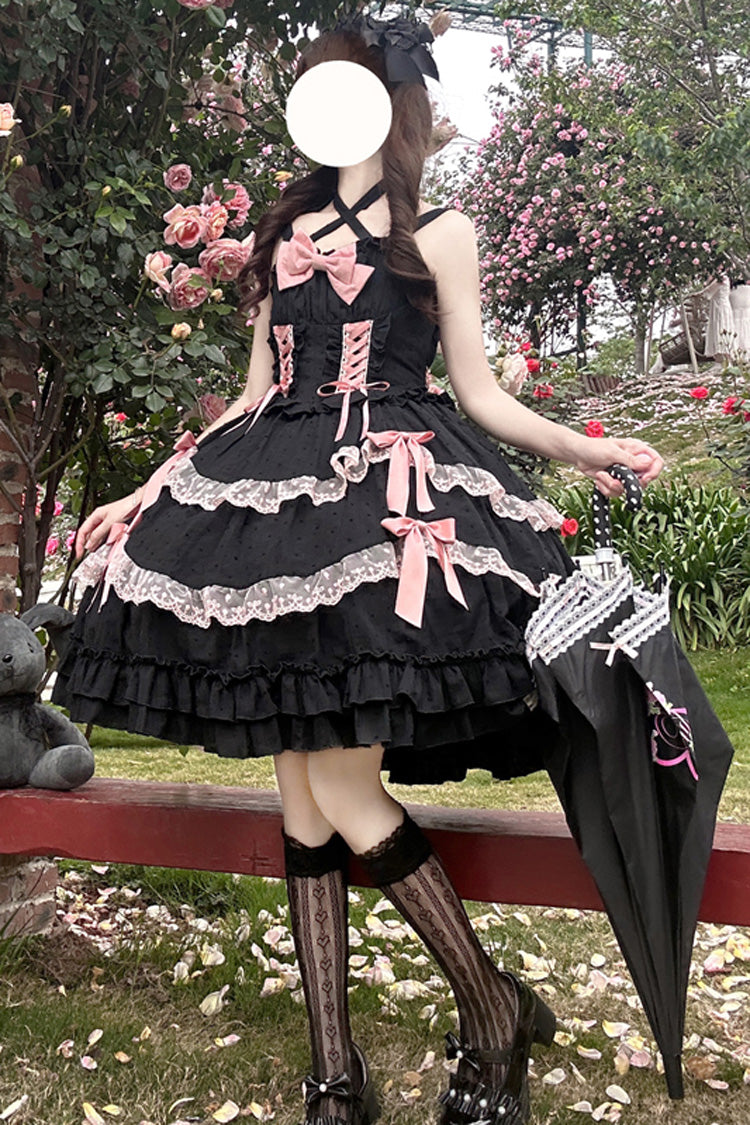 Black Miss Pearl Sleeveless Double-Layered Bowknot Lace Lace-Up Sweet Lolita Jsk Dress