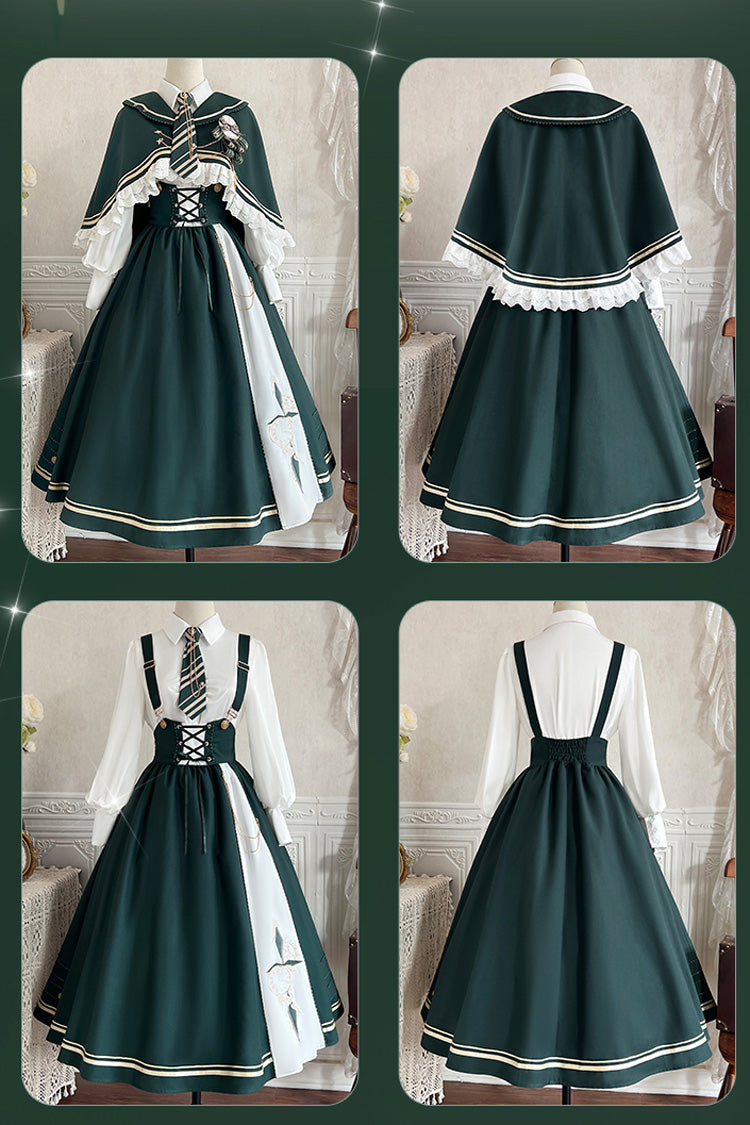 Green Time Traveler Print College Style Sweet Lolita Strap Dress 4 Piece Set