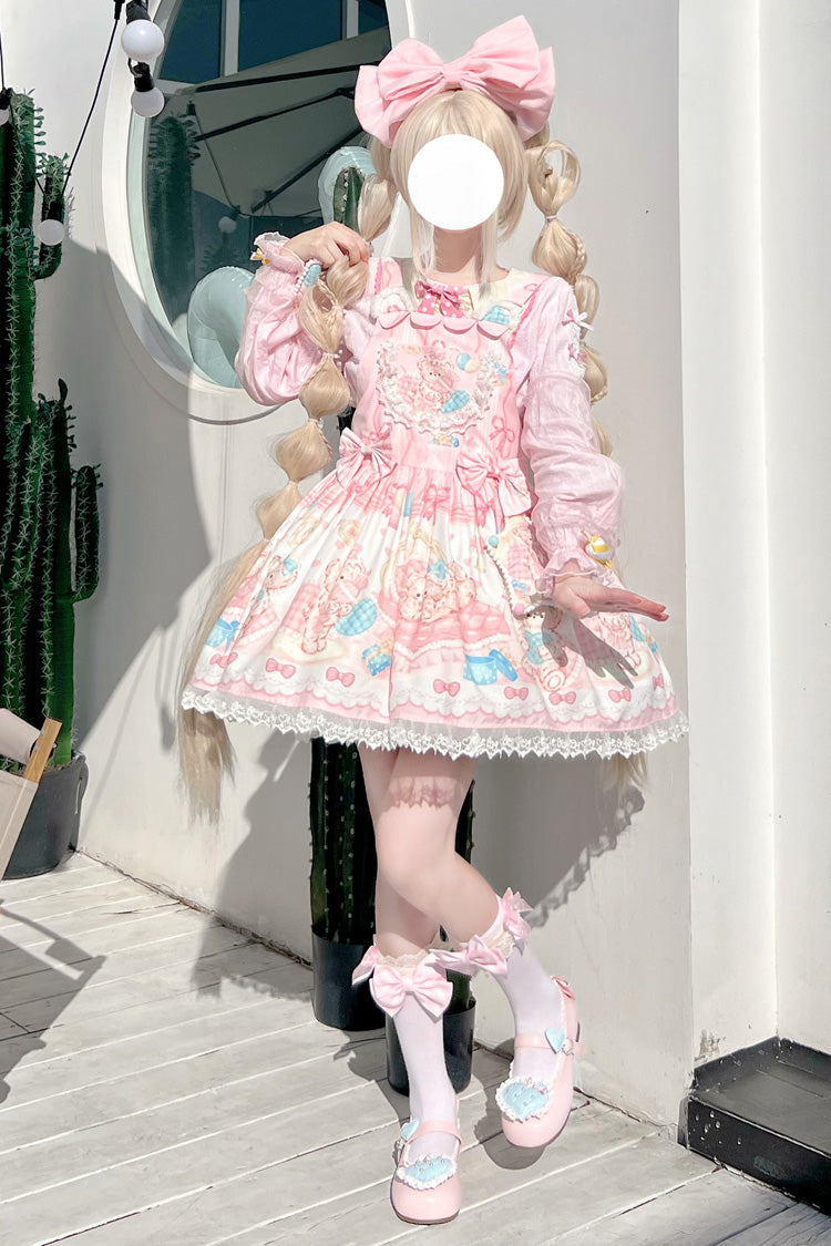 Kawaii Bears Print Pink Bowknot Stitching Lace Sweet Lolita Strap Dress