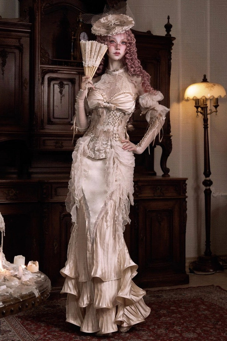 Golden Cupid's Poetry Box Halterneck Ruffled Embroidered Bow Lace Slim Fishbone Gothic Lolita Top and Skirt Dress Set