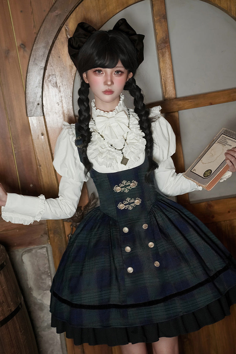 Blue/Green Berlin's letter Double-Layered Plaid Print Ruffle Bowknot Classic College Style Lolita Strap Dress Set 2 Versions