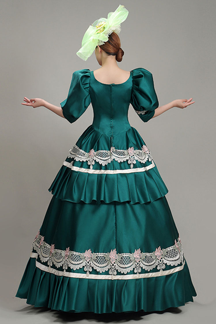 Green Lantern Sleeves High Waisted Lace Stitching Hollow Embroidery Print Victorian Lolita Tiered Dress