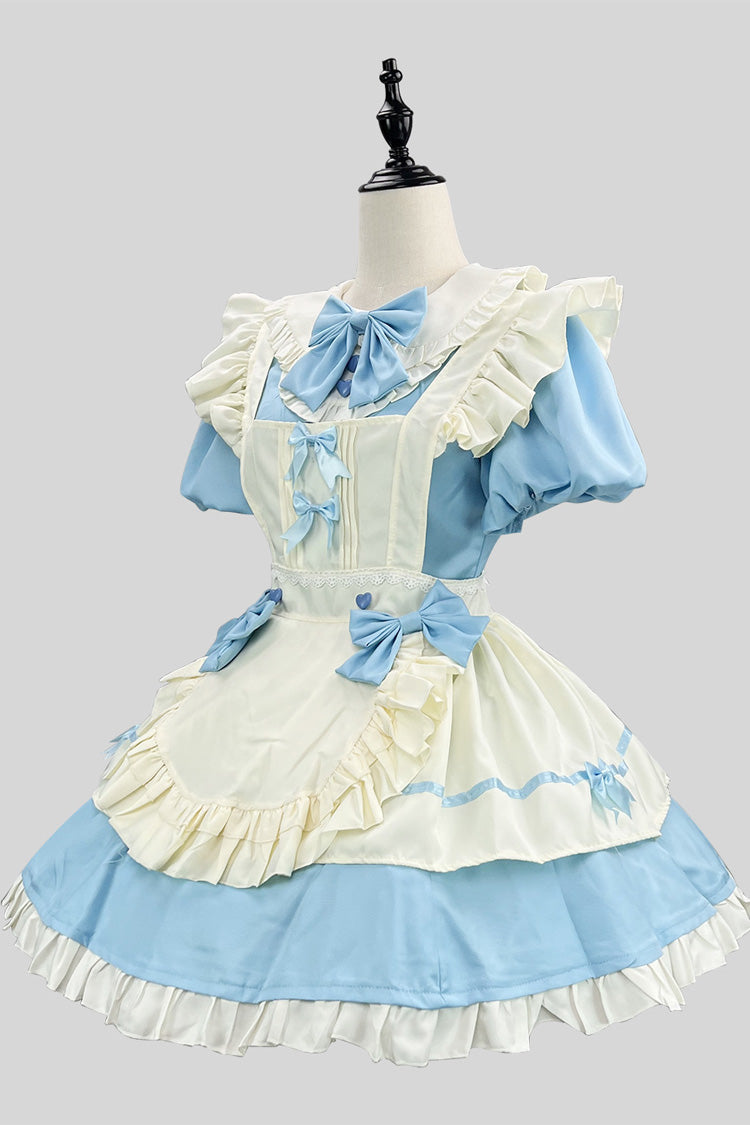 Blue/White Short Sleeves Ruffle Bowknot Lace Plus Size Sweet Maid Short Lolita Dress