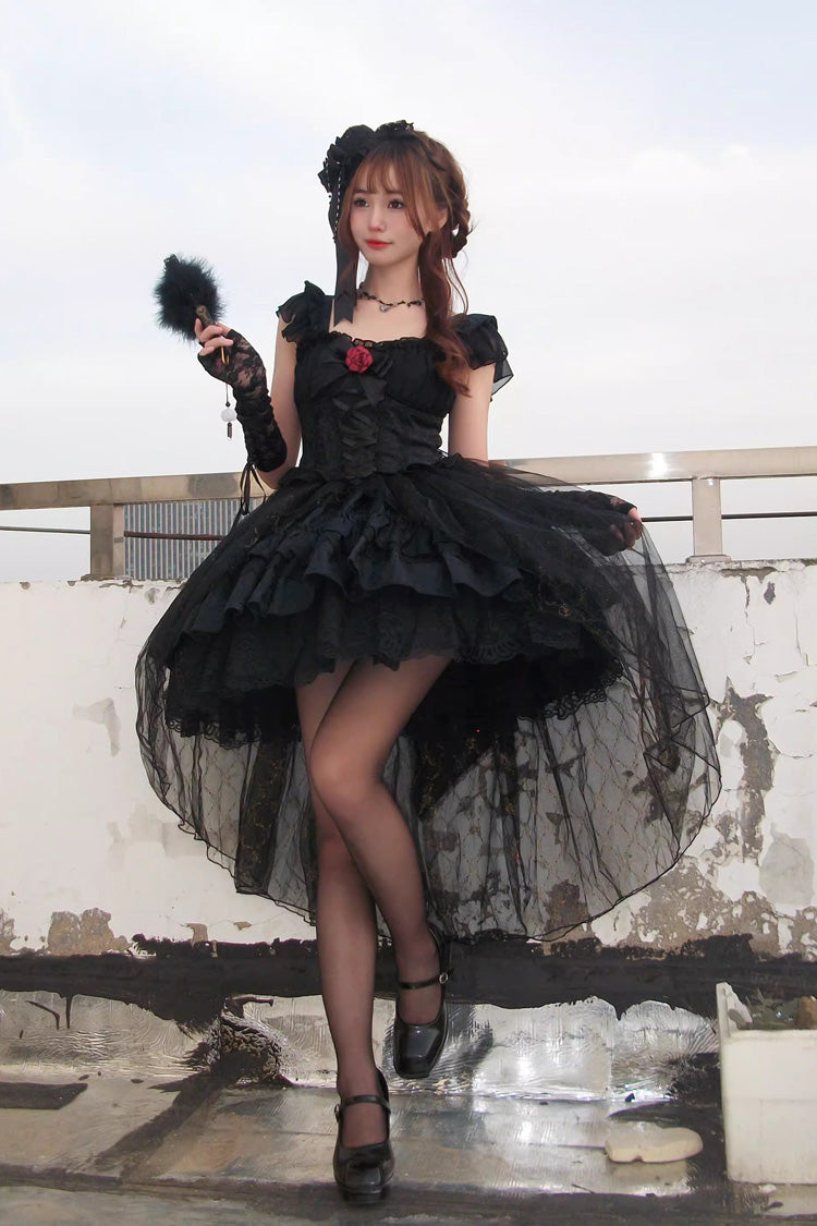 Black Short Sleeves Ruffle Rose Bowknot Elegant Princess Gothic Lolita Tiered Dress