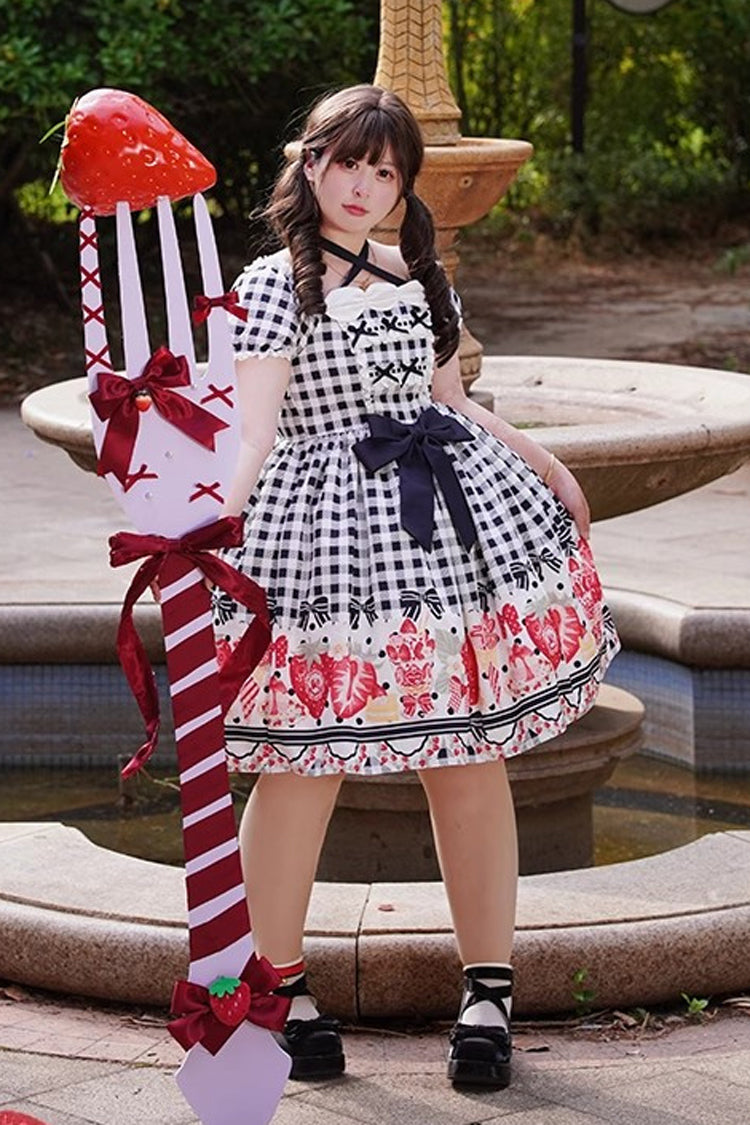 Red Short Sleeves Strawberry Plaid Print Bowknot Sweet Plus Size Princess Lolita Dress