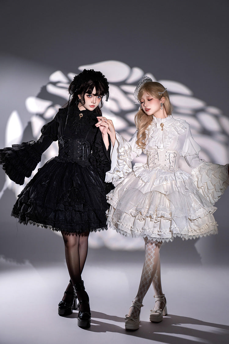 White The Angel of Good and Evil Multi-Layered Ruffled Lace Sweet Elegant Lolita Skirt (Corset Belt Included)