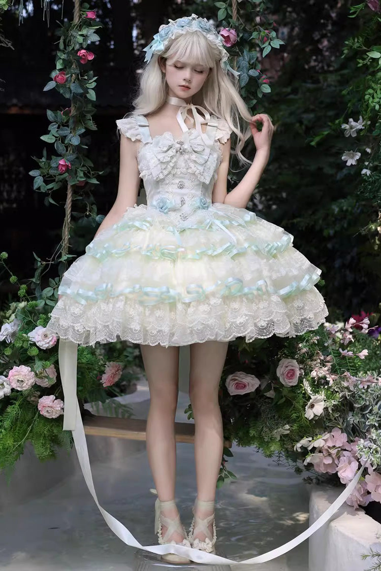 Green Rose Feather Waltz Sleeveless Triple-Layered Ruffle Bowknot Lace Sweet Ballet Lolita Jsk Dress