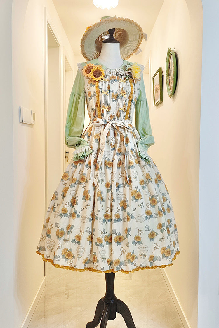 Apricot Gardening Sunflower Sleeveless Print Ruffle Bowknot Sweet Elegant Lolita Jsk Dress
