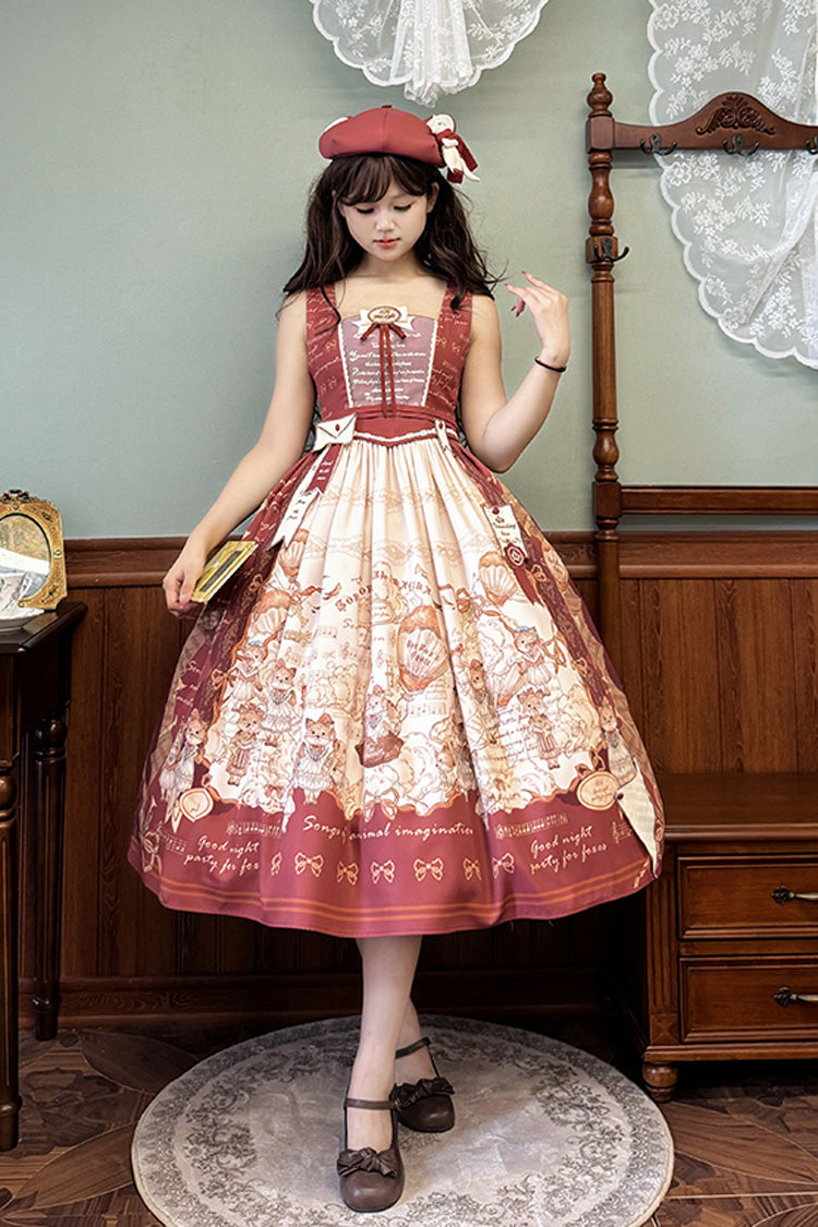 Wine Red Fox Band Print Square Collar Bowknot Classic Lolita Jumper Dress