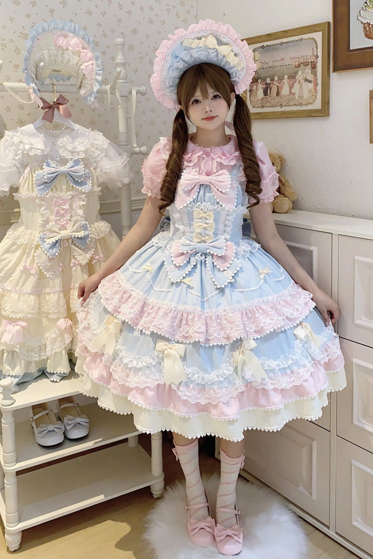 Blue/Pink Fondant Cake Sleeveless Multi-Layered Ruffle Bowknot Lace Sweet Lolita Jsk Dress