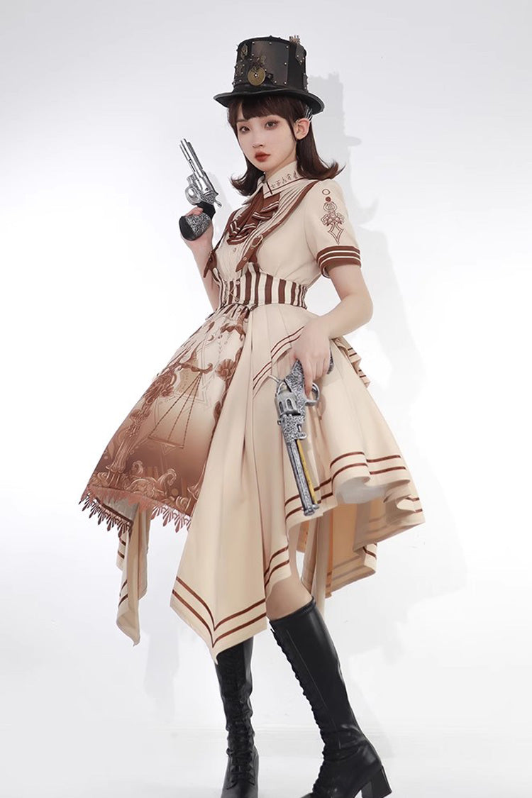 Brown Short Sleeves Libra Print Punk Vintage Lolita Dress