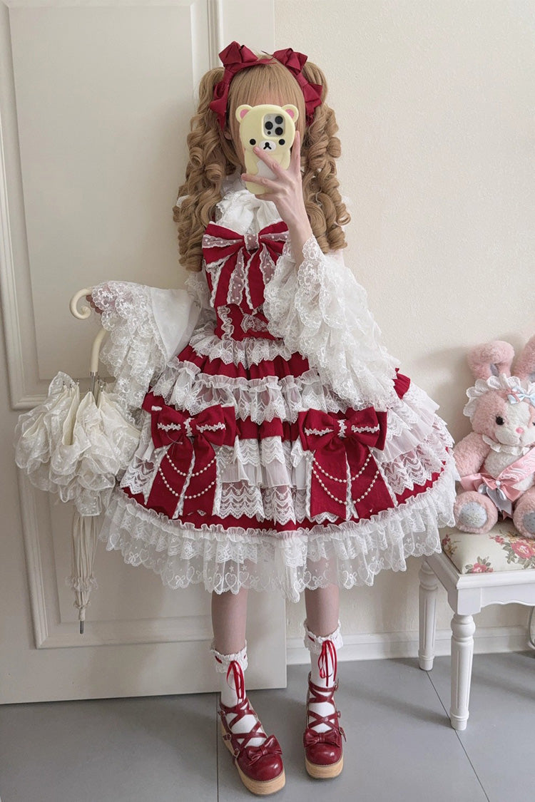 Wine Red Knot of the Crossed Heart Sleeveless Multi-Layered Ruffle Hanayome Cardigan Bowknot Lace Lace-Up Sweet Lolita Jsk Dress