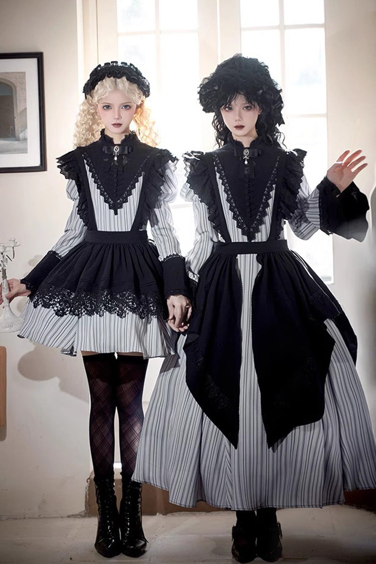 Light Grey Nocturne Vertical Stripes Print Ruffle Bowknot Lace Gothic Lolita Dress 2 Versions
