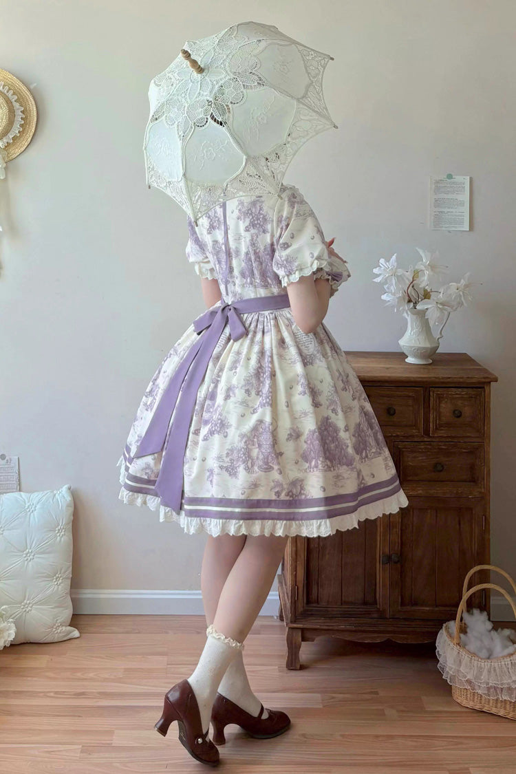 Purple Grape Moon Almanac Short Sleeves Multi-Layered Printed Ruffled Bow Sweet Lolita Dress