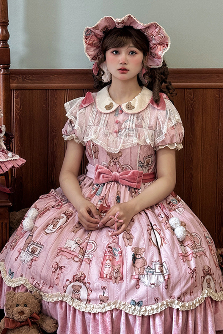 Pink Bear Doll Wall Print Short Sleeves Ruffle Embroidery Bowknot Sweet Lolita Dress