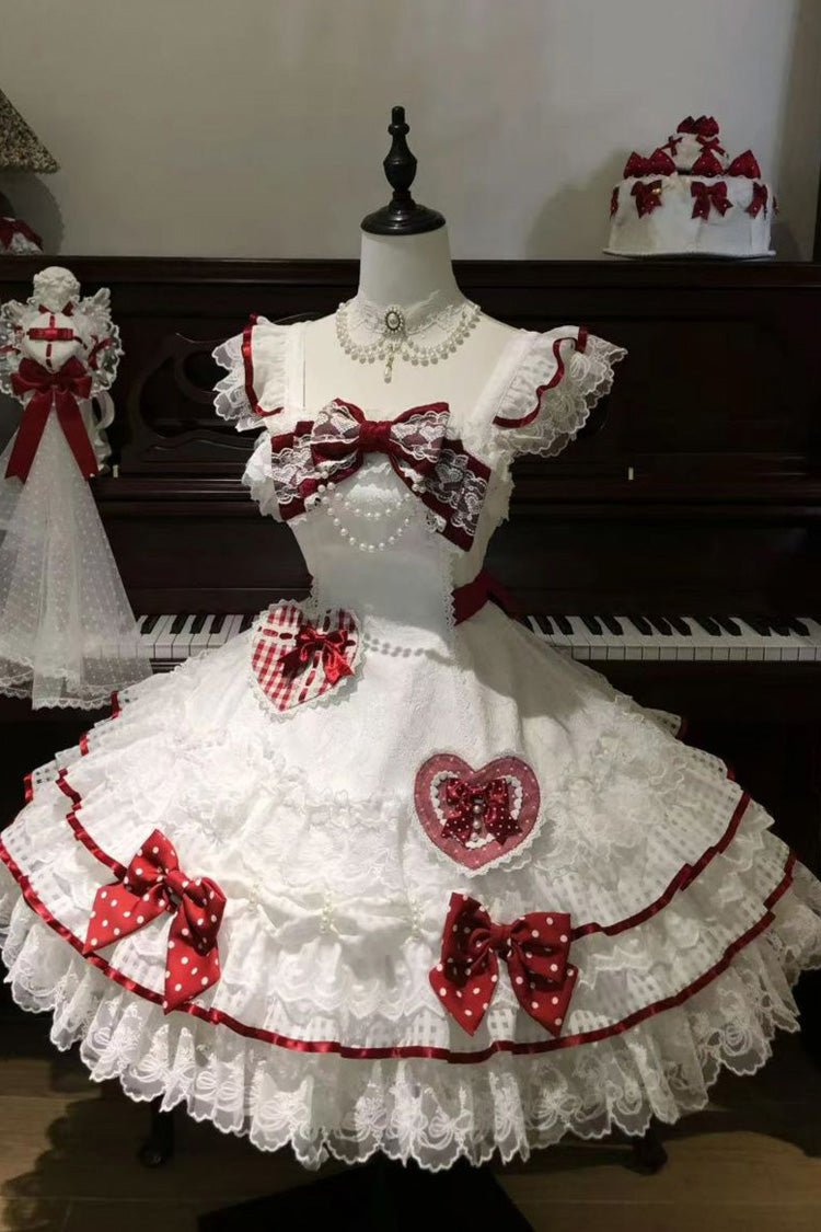 White Polka-Dot Love Letter Sleeveless Double-Layered Bowknot Lace Pearl Sweet Lolita Jsk Dress