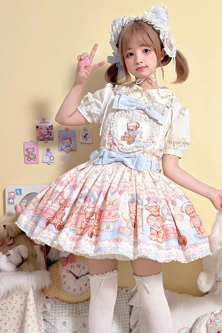 Bear Anniversary Celebration Sleeveless Printed Ruffled Bow Sweet Lolita Strap Dress 2 Colors