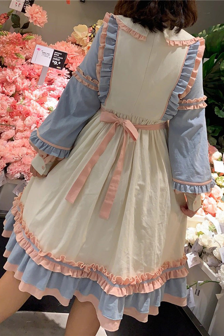 Blue/Pink Sweetheart Puff Doll Collar Long Sleeves Ruffle Bowknot Sweet Plus Size Lolita Dress