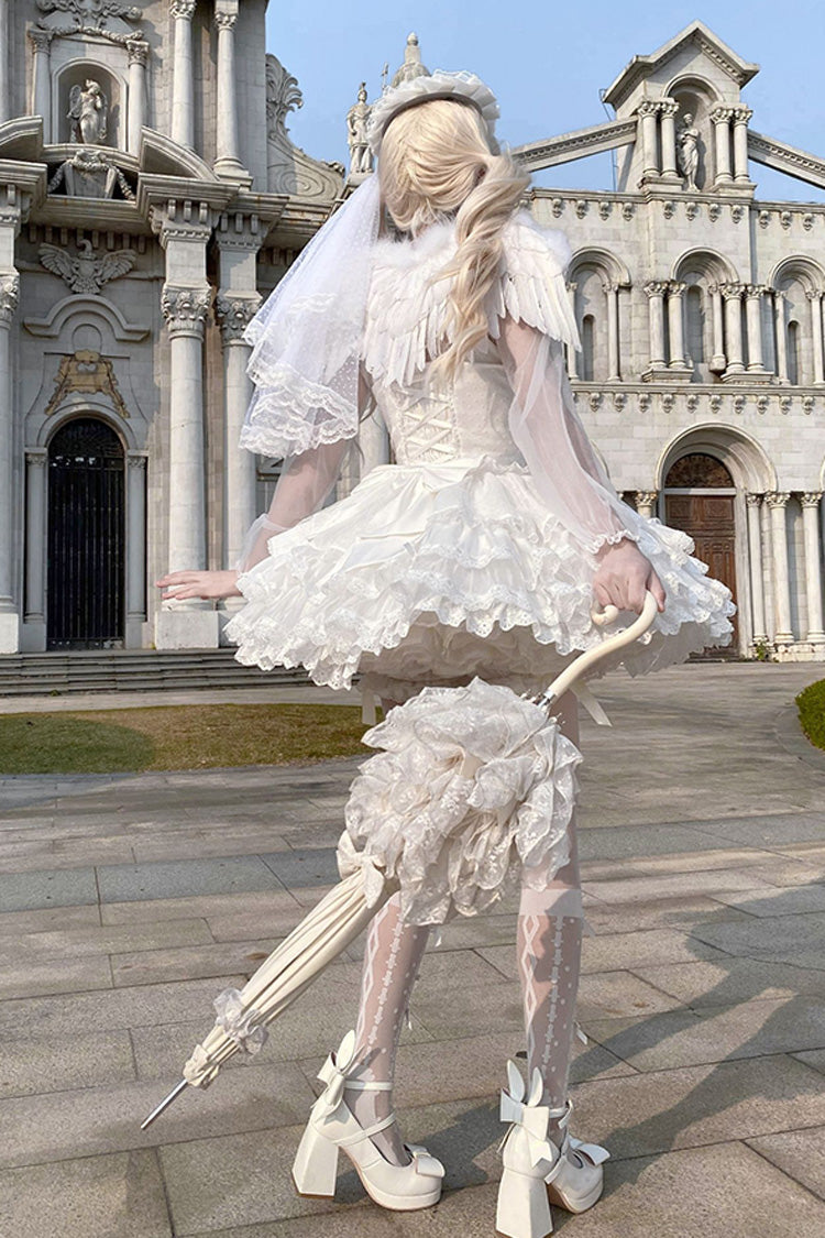 White Flory Butterfly Double-Layered Ruffle Bowknot Lace Lace-Up Sweet Ballet Lolita Jsk Dress