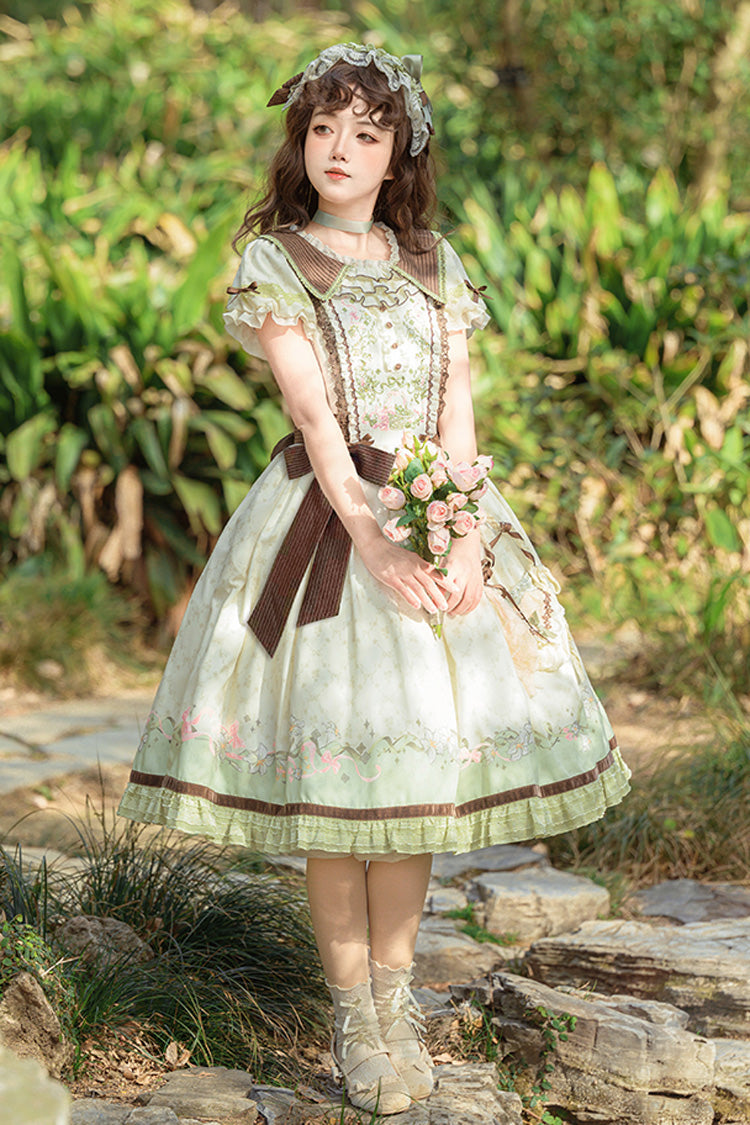 Green/Ivory Lily Short Sleeves Print Ruffle Embroidery Bowknot Lace Sweet Elegant Lolita Dress