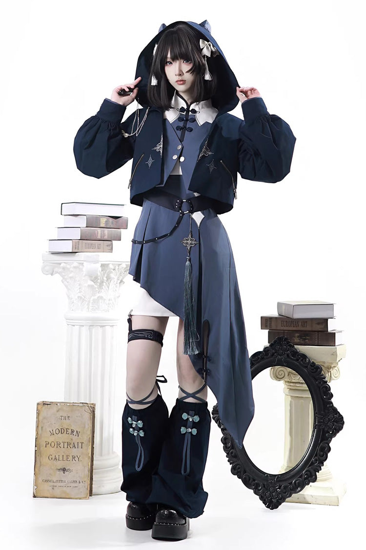 Blue Indigo Shadow Journey Stand Collar Long Sleeves Embroidered Hooded Asymmetric Punk Ouji Lolita Dress Four-Piece Set