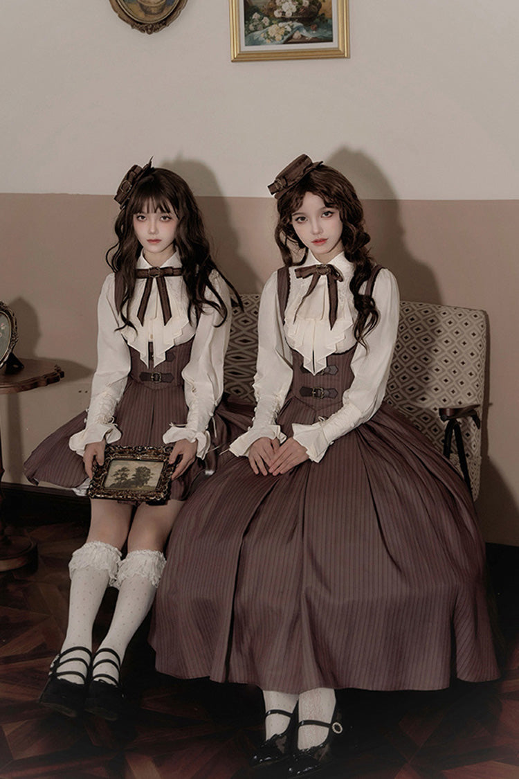 Brown Manchester City's Past Striped Print Breast Support Short Version Sweet Lolita Dress
