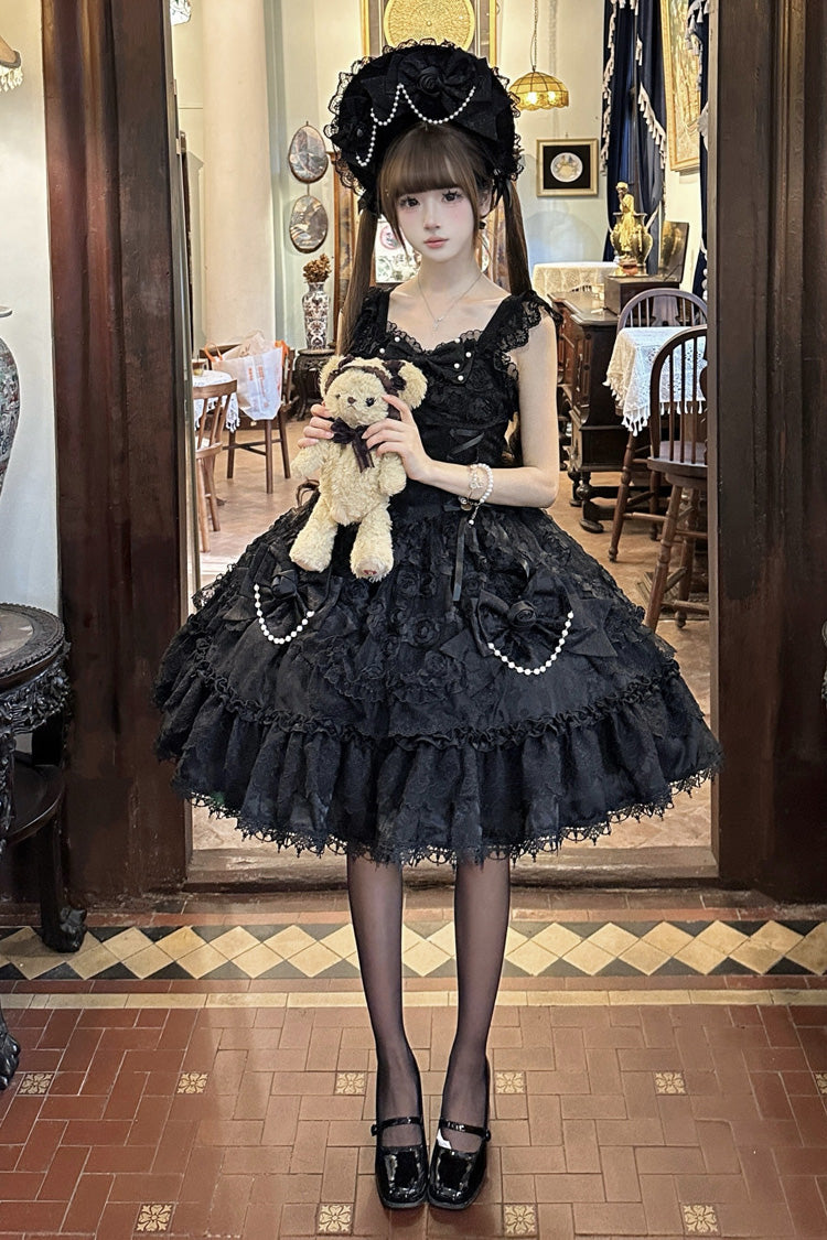 Black Rose Princess Sleeveless Ruffle Bowknot Lace Lace-Up Gothic Ballet Lolita Jsk Dress
