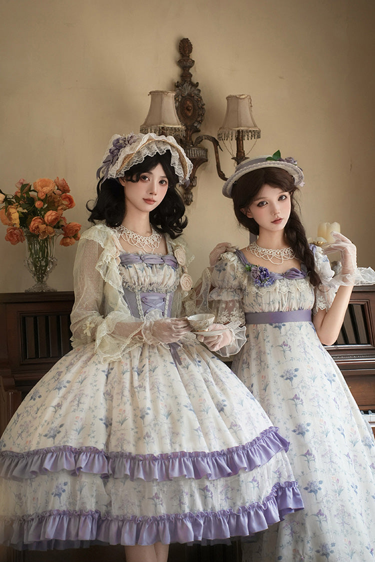 Purple/Ivory Iris Secrets Double-Layered Print Ruffle Bowknot Lace-Up Fake Two Pieces Sweet Lolita Jsk Dress