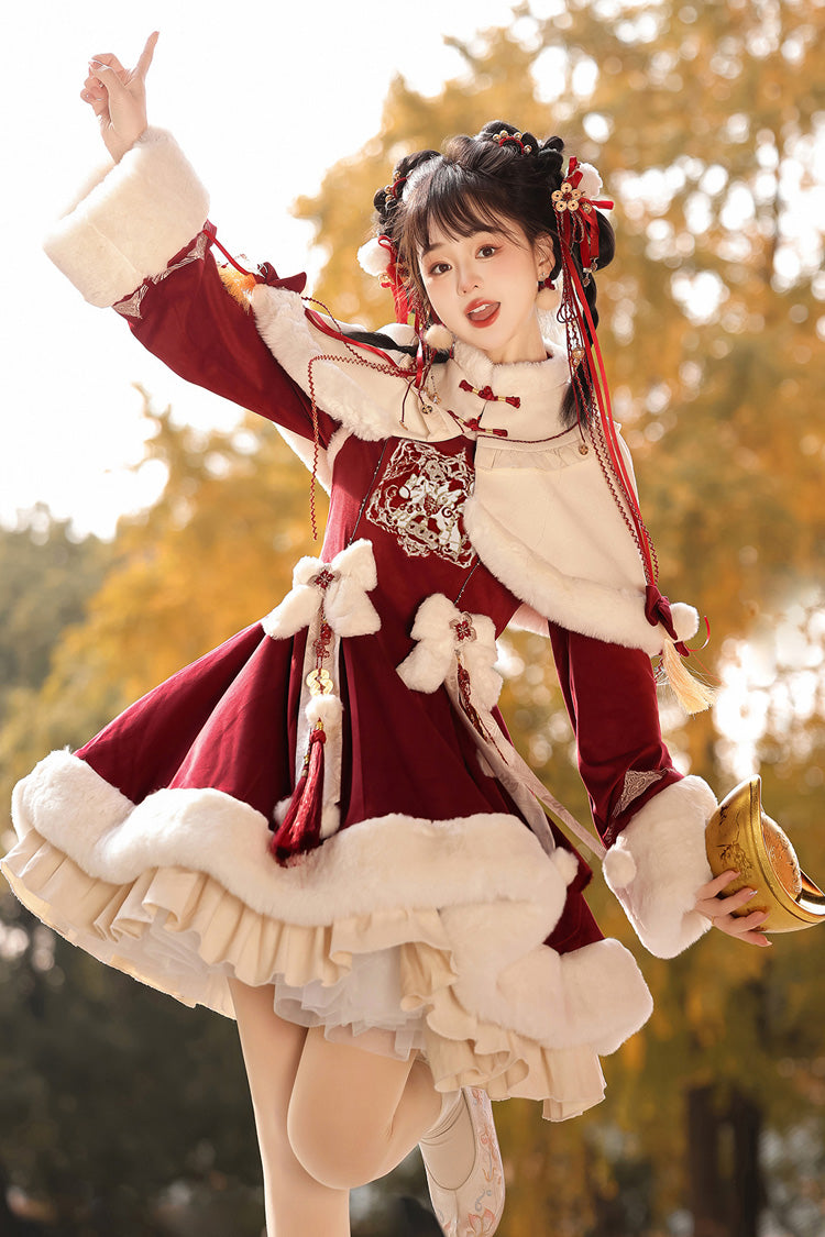Red Long Sleeves Ruffle Embroidery Bowknot Chinese Style Sweet Lolita Hanfu Dress