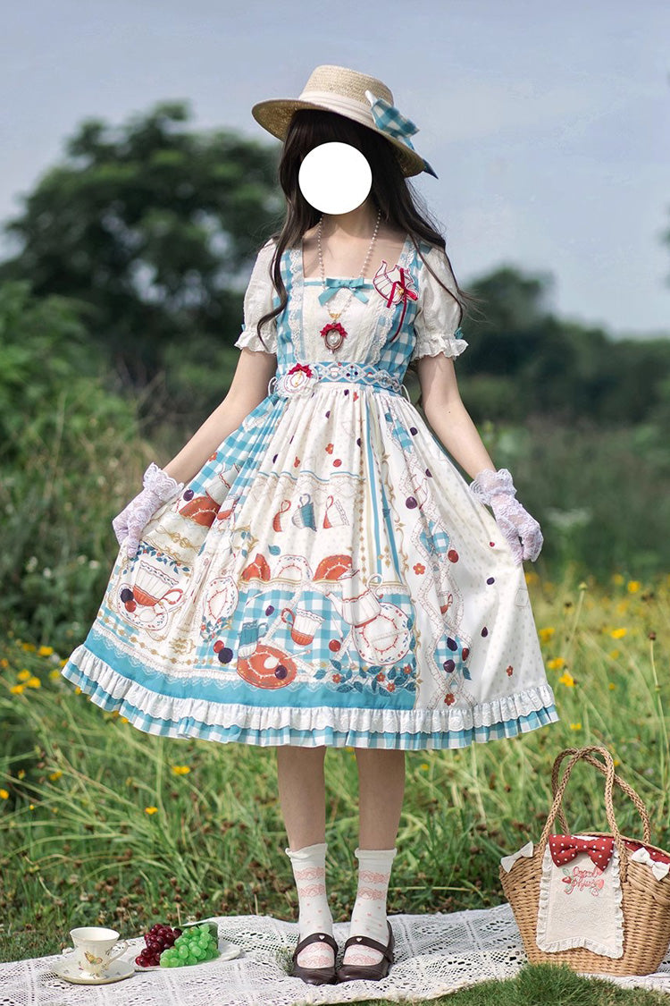 Blue/Green Tea Party Short Sleeves Print Ruffle Bowknot Lace Sweet Elegant Lolita Dress