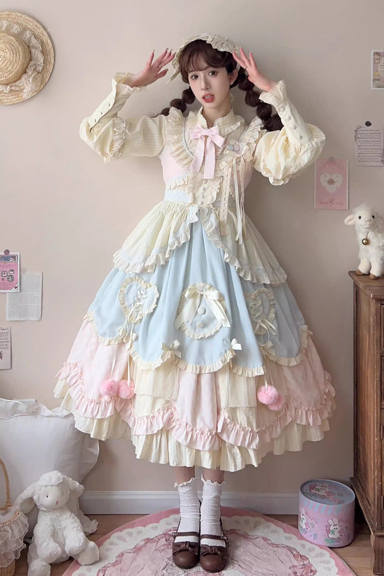 Multi-Color Mianmian Macaron Sleeveless Multi-Layered Ruffle Bowknot Lace Sweet Lolita Jsk Dress (Long Version)
