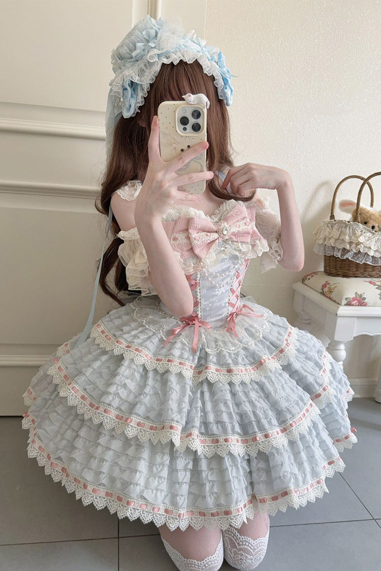 Blue Song of Floral Letters Sleeveless Triple-Layered Bowknot Lace-Up Sweet Lolita Jsk Dress
