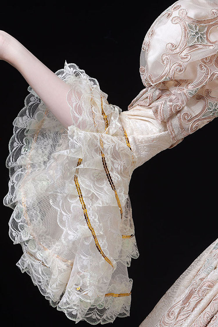 Champagne Trumpet Sleeves Lace Stitching High Waisted Hollow Embroidery Print Victorian Lolita Prom Dress