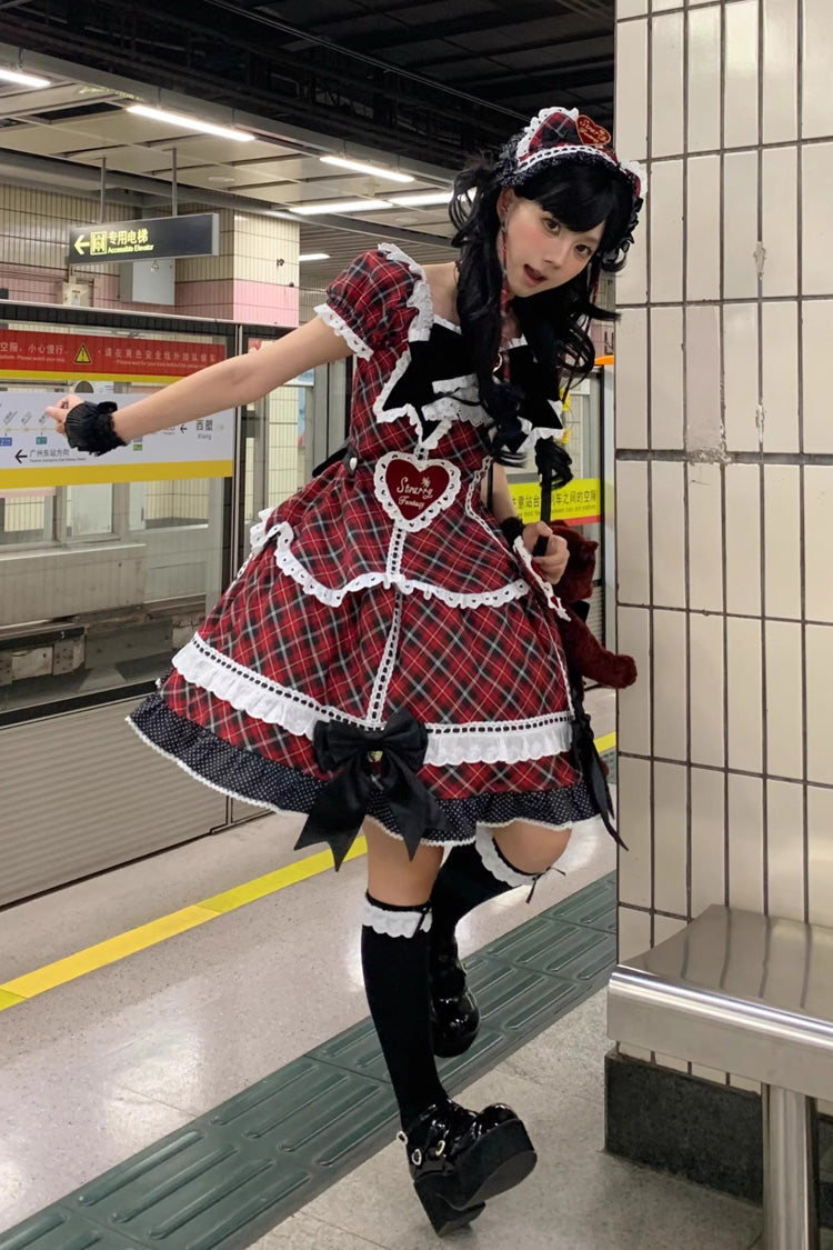 Red Shibuya Sweetheart Short Sleeves Plaid Print Ruffle Bowknot Sweet Lolita OP Dress (Plus Size Support)