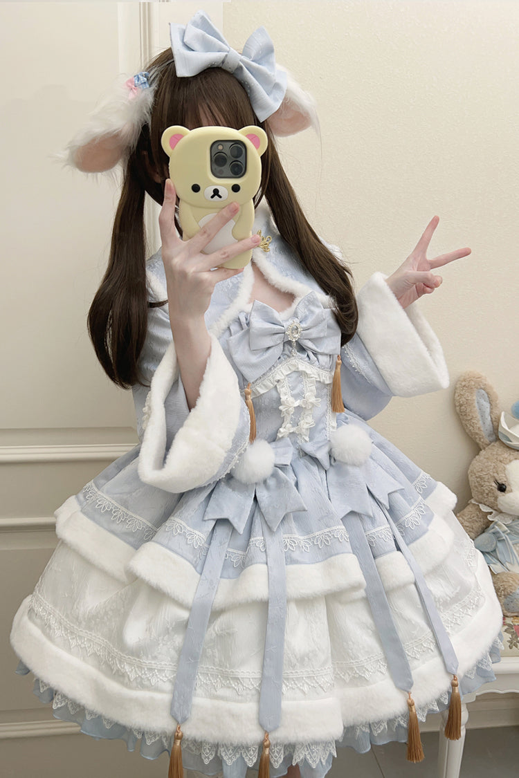 Blue Snow Rabbit Long Sleeves Ruffle Bowknot Fake Two Pieces Sweet Lolita Dress