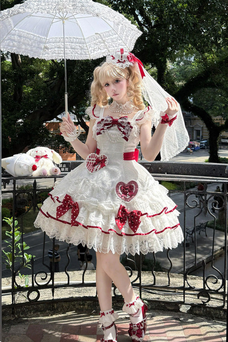 White Polka-Dot Love Letter Sleeveless Double-Layered Bowknot Lace Pearl Sweet Lolita Jsk Dress