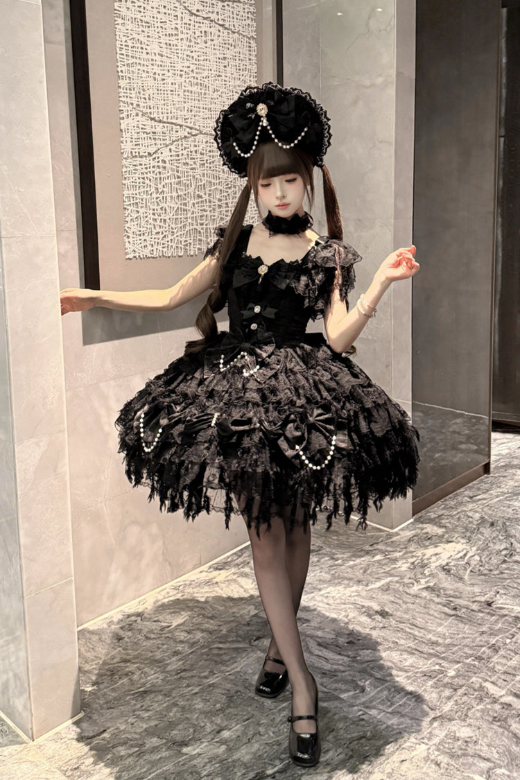Black Cloudborne Snowfeather Sleeveless Multi-Layered Hanayome Bowknot Pearl Gothic Lolita Jsk Dress