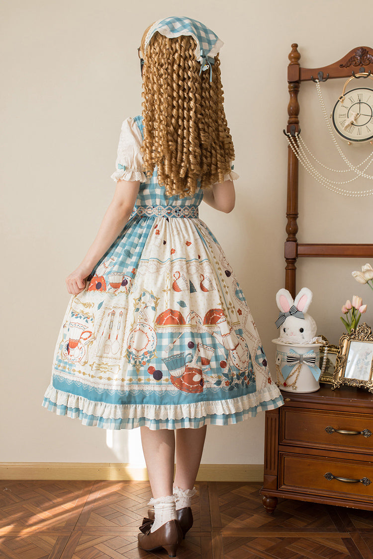 Blue/Green Tea Party Short Sleeves Print Ruffle Bowknot Lace Sweet Elegant Lolita Dress