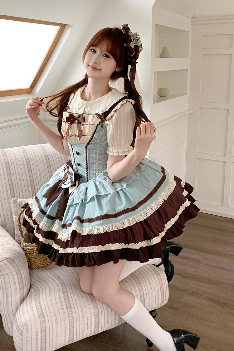 Green/Brown Mint Chocolate Sleeveless Triple-Layered Ruffle Bowknot Sweet Lolita Jsk Dress
