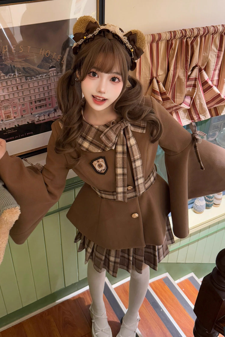 Chestnut Sea Salt Long Trumpet Sleeves Print Ruffle Bowknot Sweet Elegant Lolita Skirt Coat 2 Colors