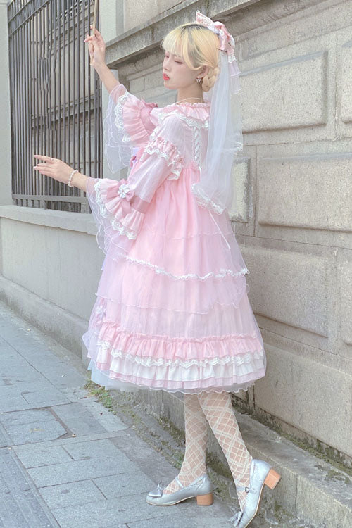 Red Bowknot Trumpet Sleeves Multi-Layer Ruffled Sweet Lolita OP Tiered Dress