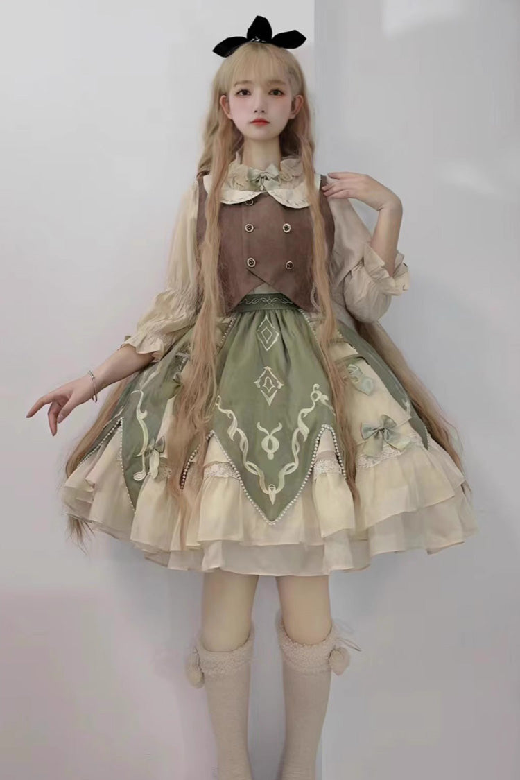 Green The Wizard of Oz Multi-Layered Print Ruffle Bowknot Sweet Lolita Dress Three Piece Set